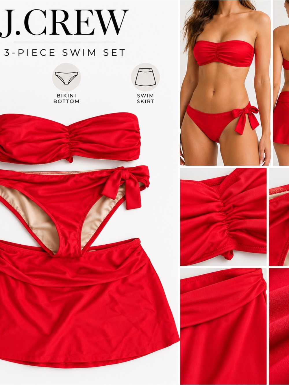 J.Crew Red 3-Piece Bikini Set 34D/M Bandeau Top Bottom & Swim Skirt